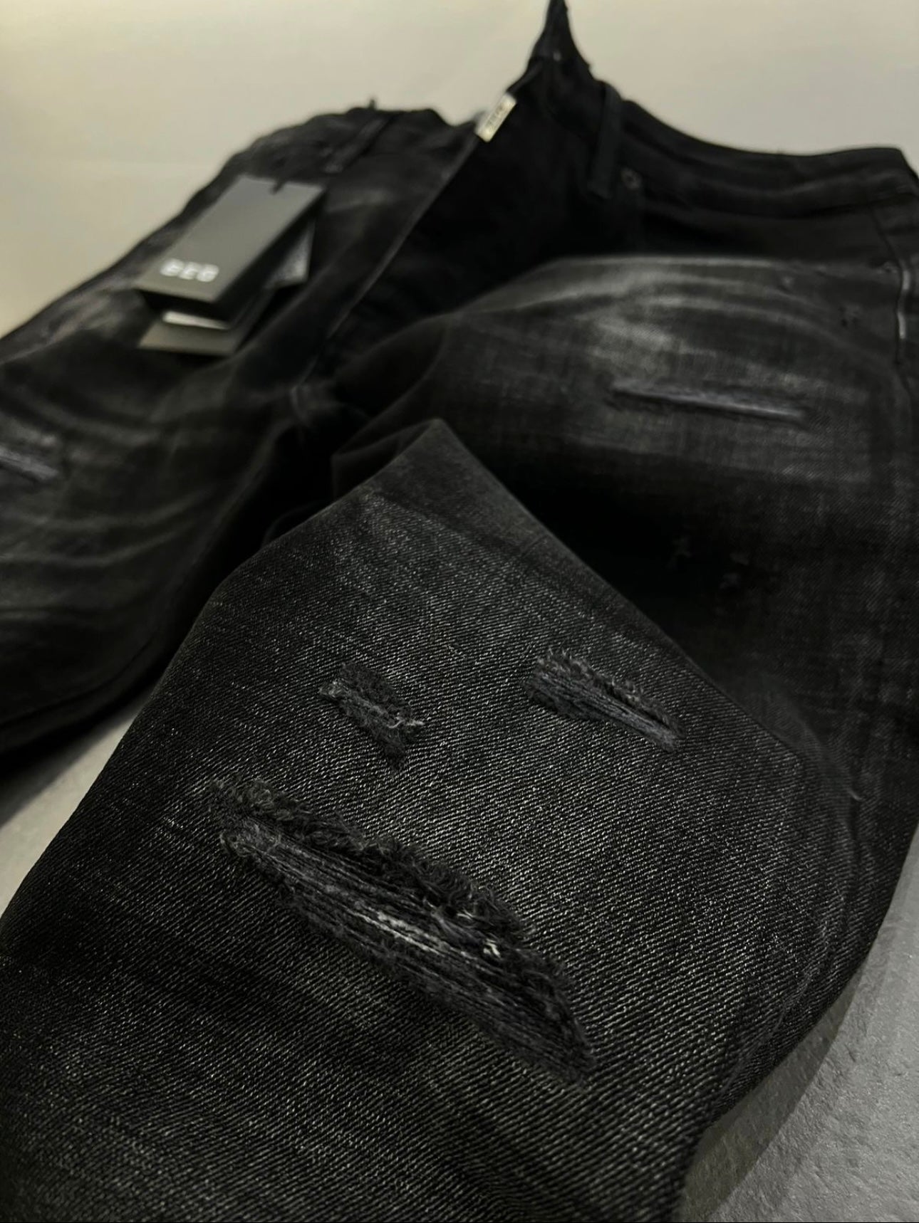 Black Distressed Slim-Fit Jeans
