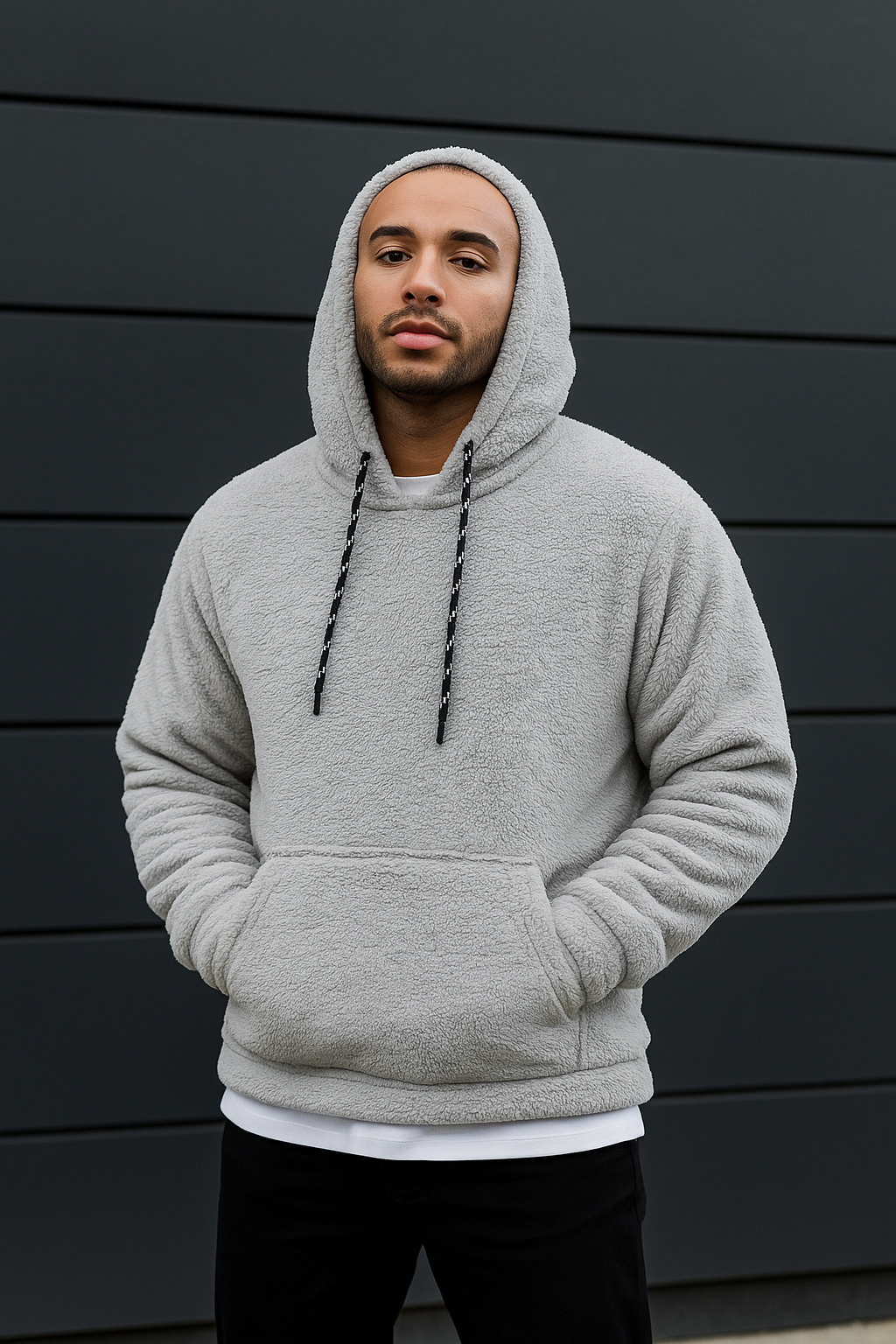 Men’s Light Gray Sherpa Cozy Fleece Hoodie