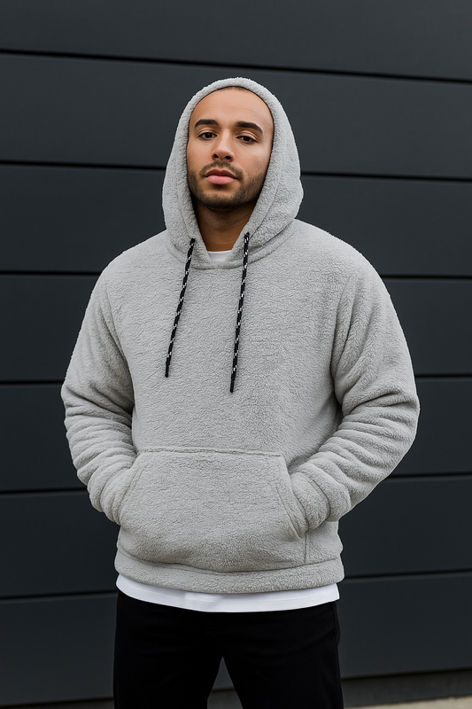 Men’s Light Gray Sherpa Cozy Fleece Hoodie