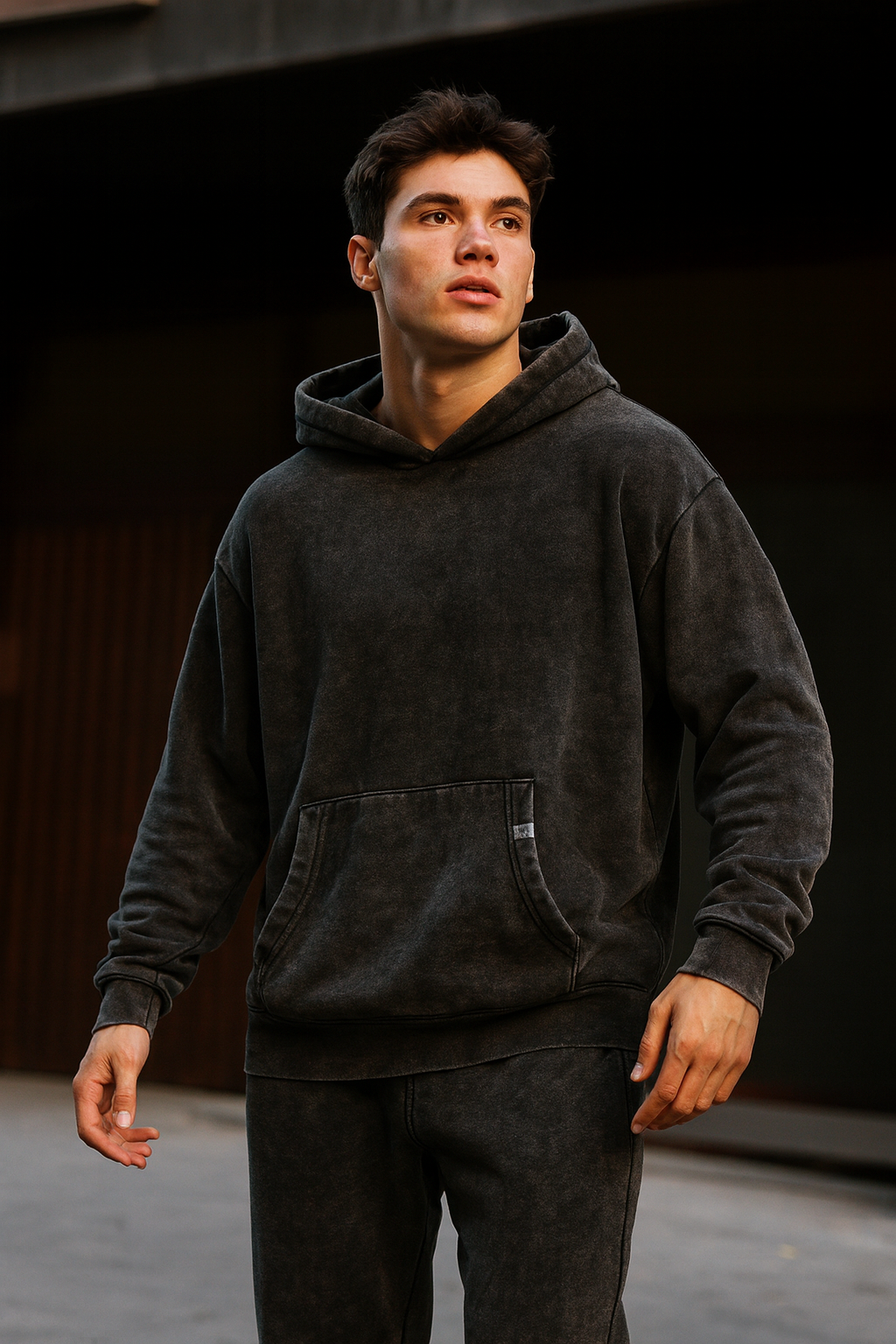 Winter Vogue™ Vintage Washed Fleece Hoodie – Shadow Black