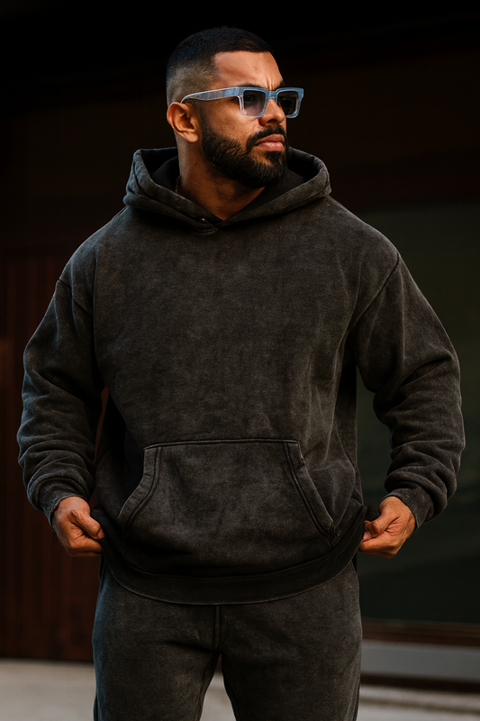 Winter Vogue™ Vintage Washed Fleece Hoodie – Shadow Black