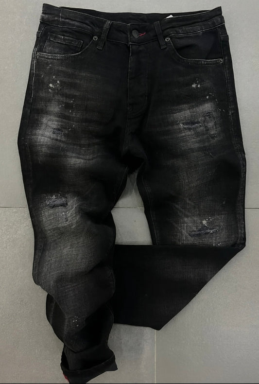Black Distressed Slim-Fit Jeans