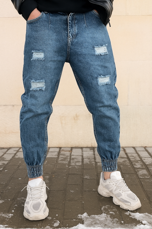Winter Vogue™ Distressed Cuffed Denim Pants – Mid-Blue Wash